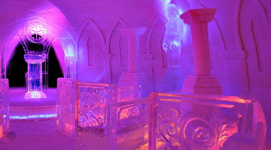 Sculpted snow hall interior at the Kittila site in Lapland