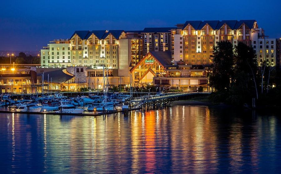 The resort frontage and marina on the Fraser River arm at Richmond